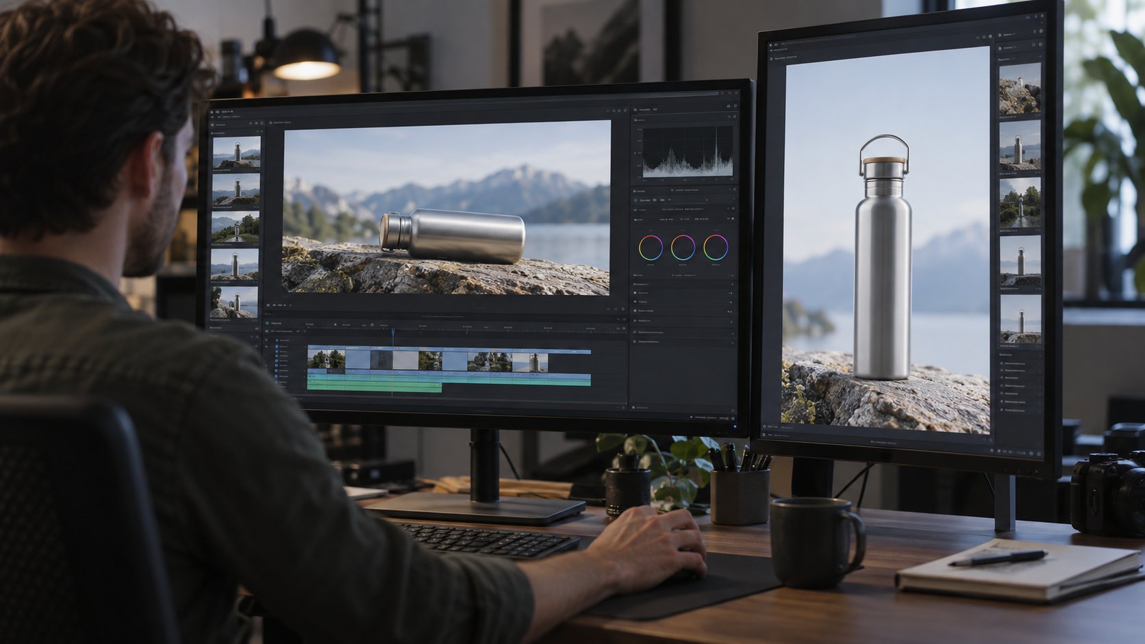 Illustrative editing workstation reviewing horizontal and vertical AI video ad compositions