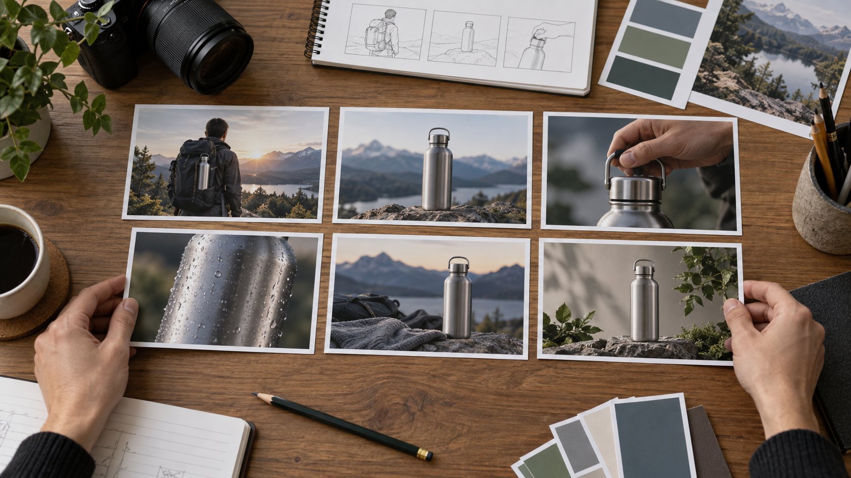 Illustrative storyboard planning for AI video ads featuring a consistent product