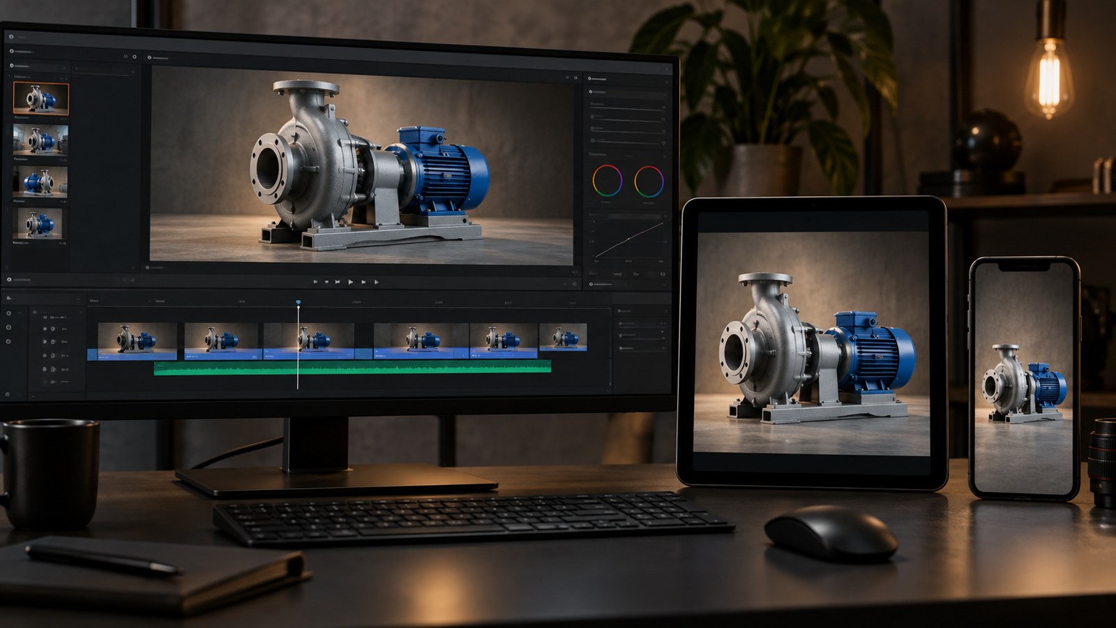 Illustrative display of one B2B video ad adapted into horizontal, square, and vertical formats on different screens