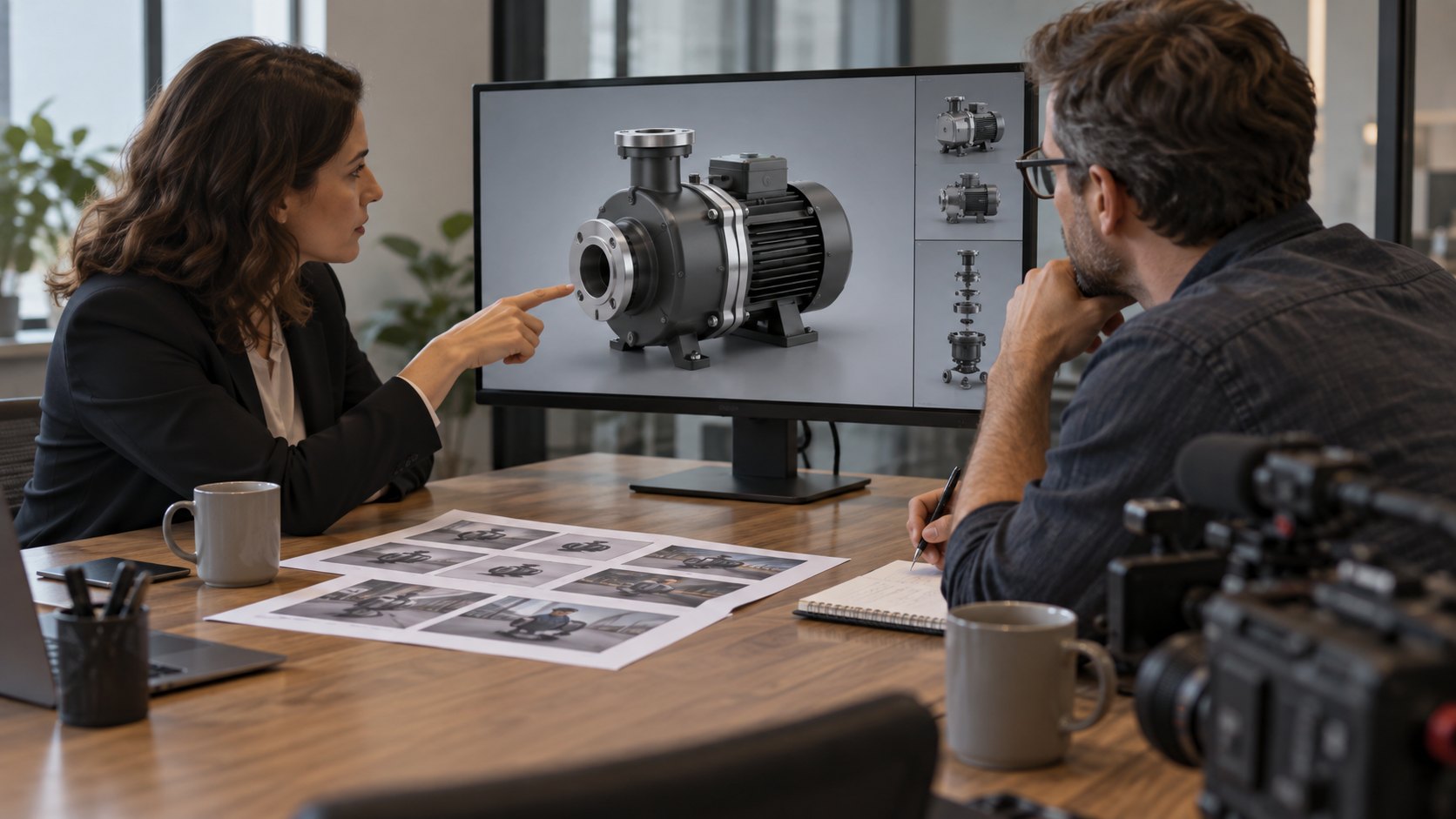 B2B video production agency planning illustrated by a fictional team reviewing a pump visualization