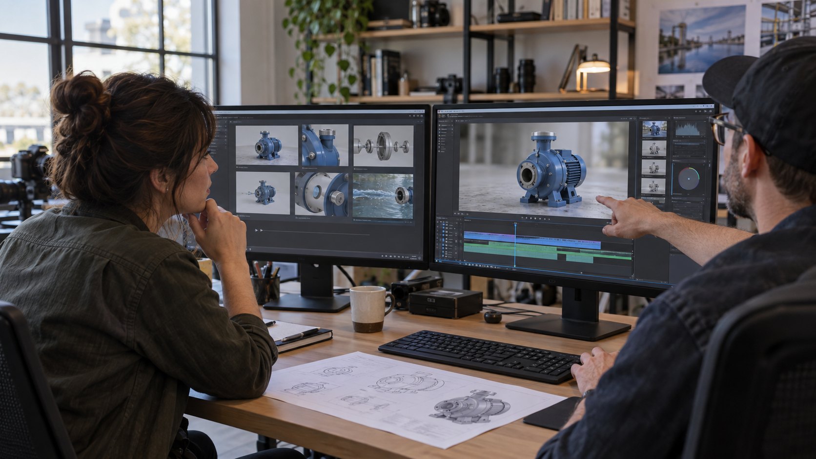 Fictional producer and technical reviewer comparing industrial product visuals during video production