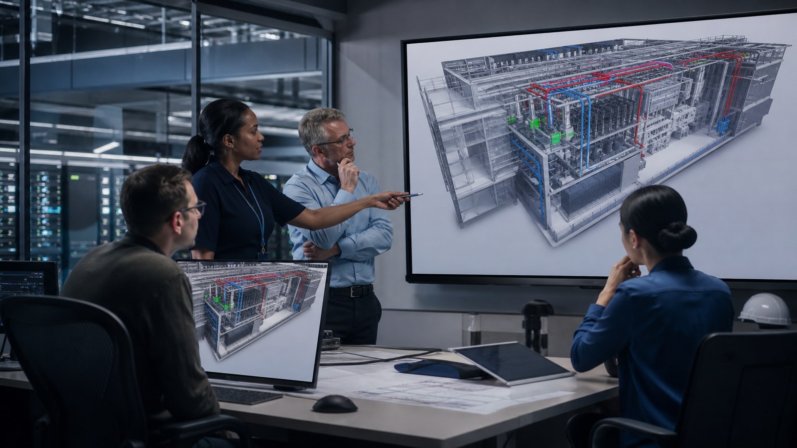 Animation Studios in Cheyenne: Top 5 Companies for 2026 4 Cheyenne data center and manufacturing specialists reviewing a realistic 3D technical animation