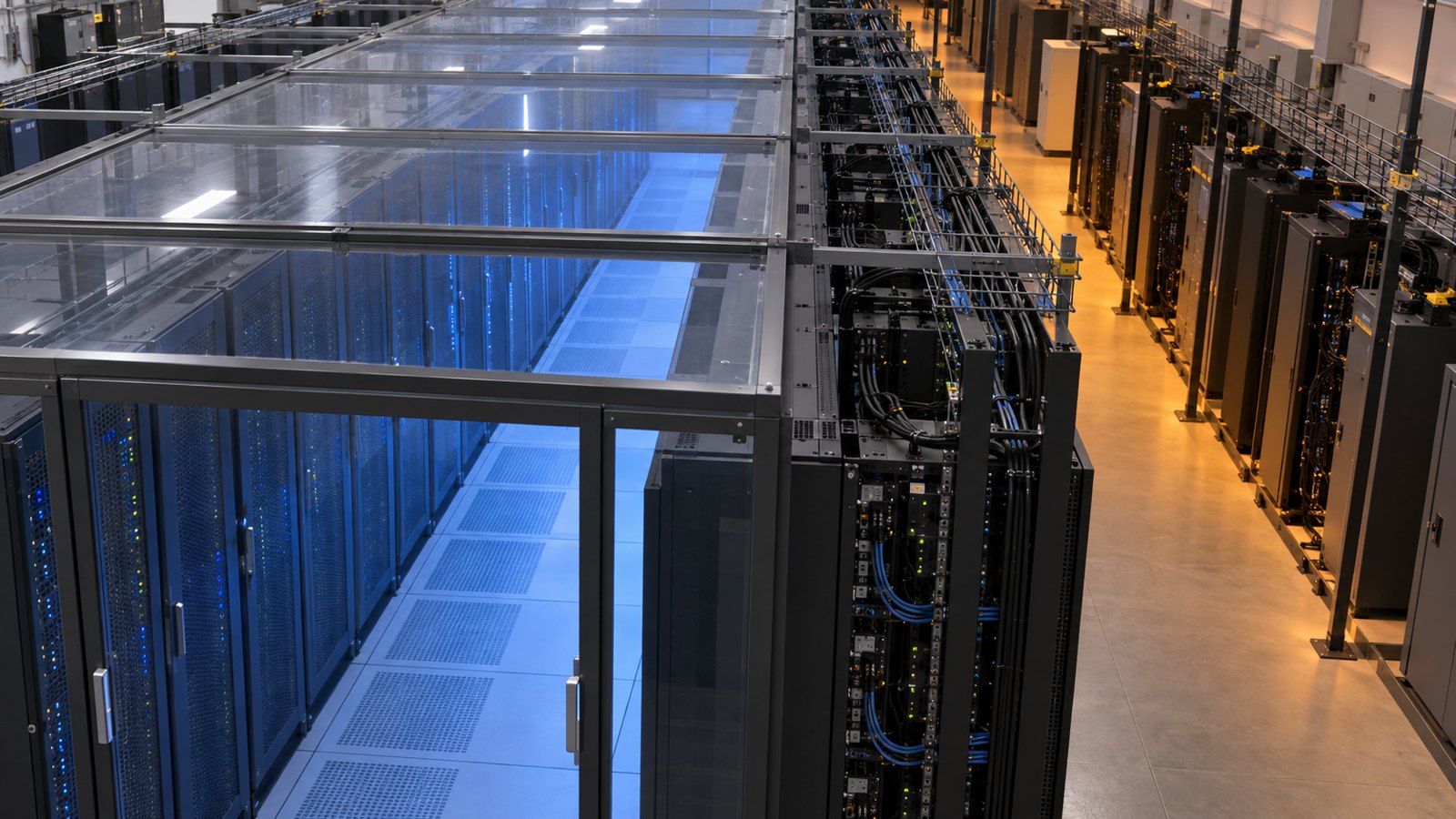 Illustrative contained cold aisle beside a server service aisle