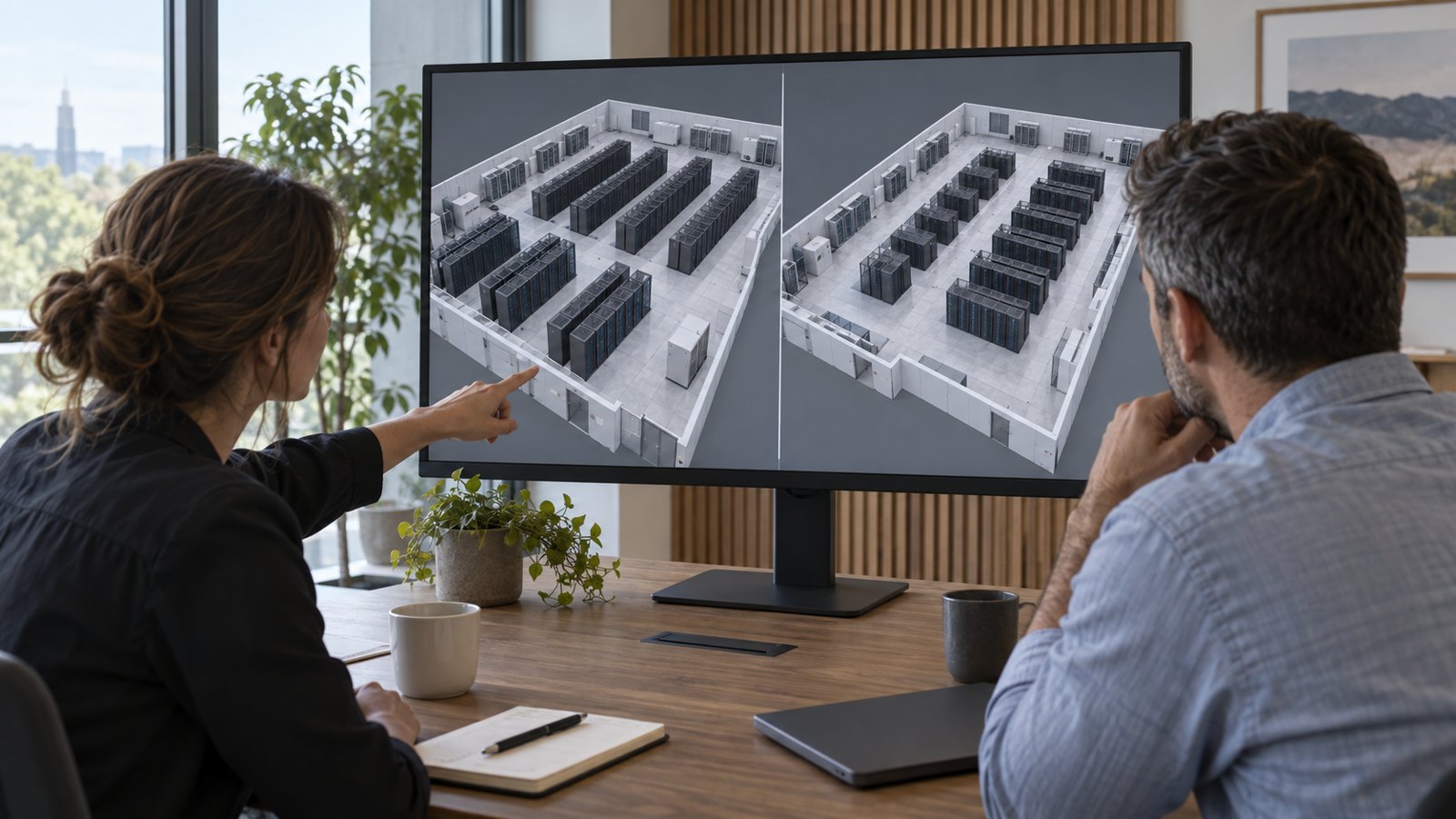 Engineers comparing two illustrative rack layouts on a monitor