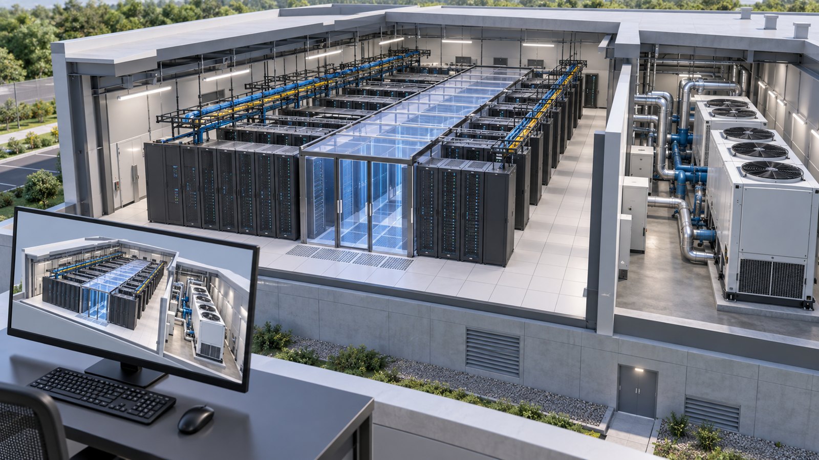 Concept cutaway of server racks and cooling equipment with a matching digital facility view