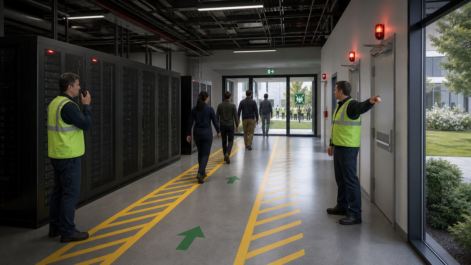 Data center emergency response training animation showing alarm evacuation route and secure assembly point