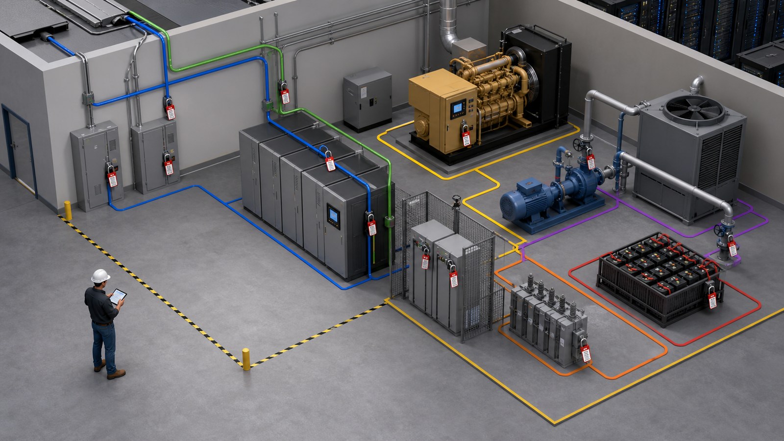 Data center 3D safety animation visualizing electrical mechanical and stored energy isolation points
