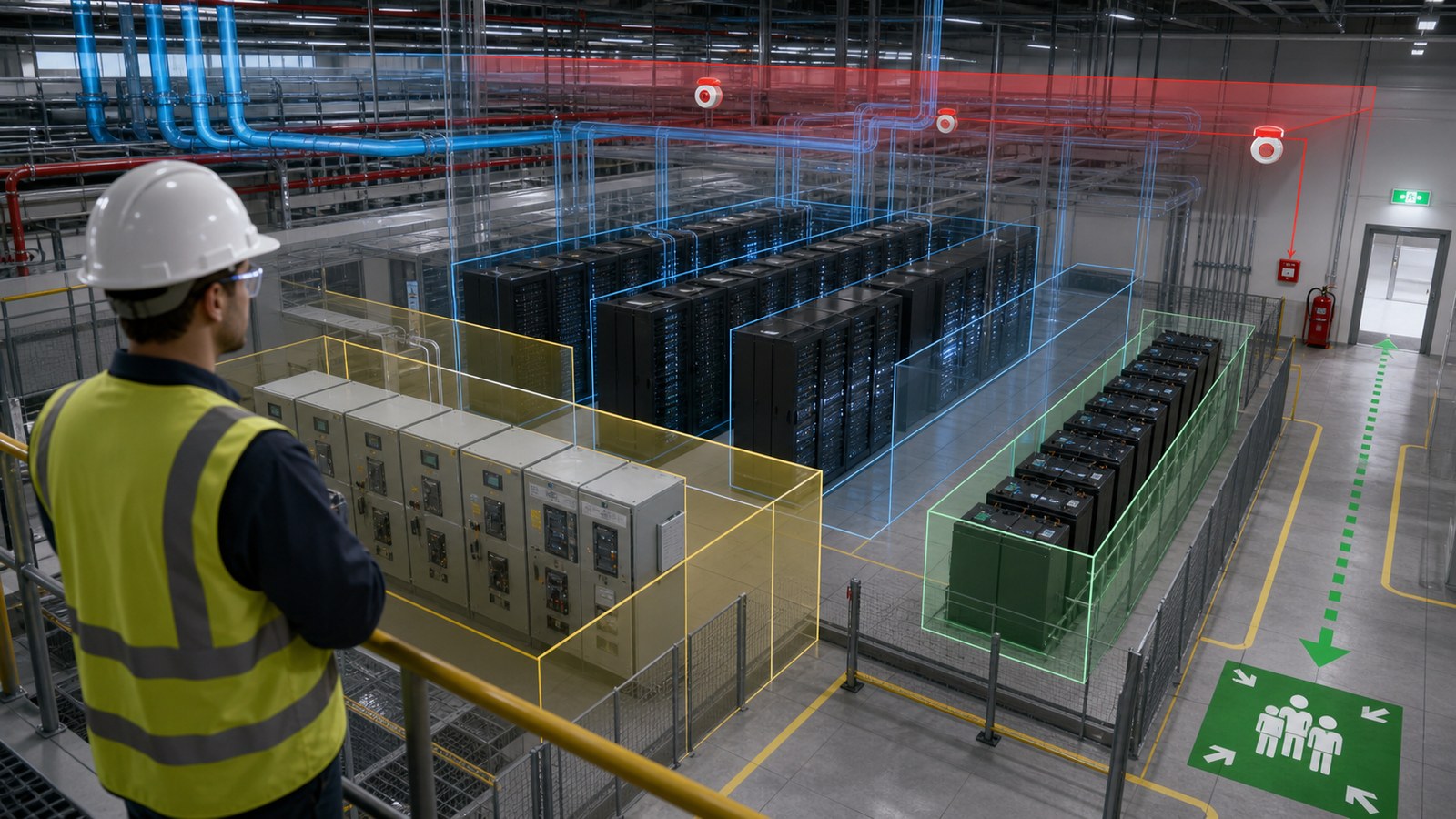 Data center safety training animation visualizing electrical battery cooling fire and emergency systems