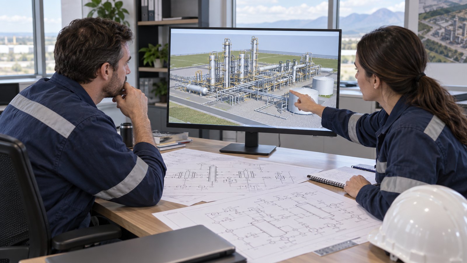 Training reviewers comparing a gas plant visualization with process drawings