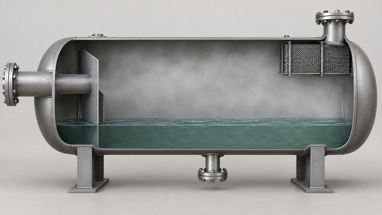 Simplified cutaway of a horizontal gas separator with liquid inventory and mist eliminator