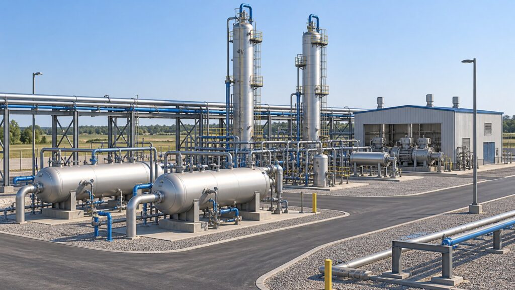 Illustrative gas processing facility with vessels towers and supported piping