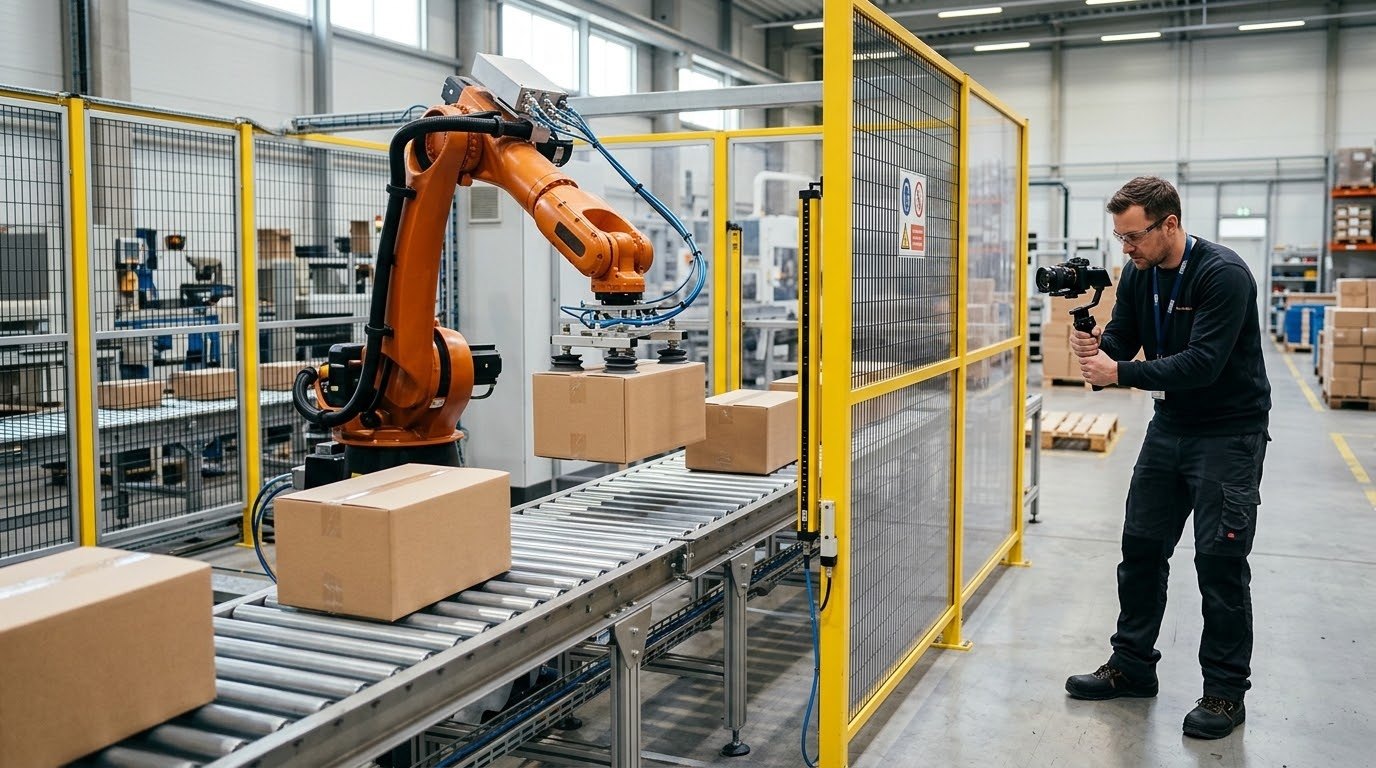 Industrial automation video illustration of robot arms placing parts on a conveyor while a camera operator films the sequence