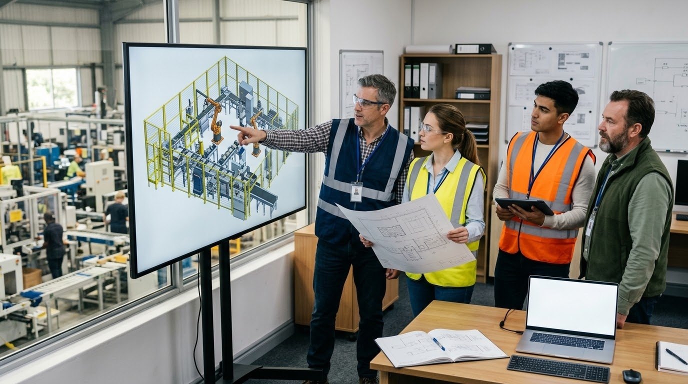 Engineers reviewing an industrial automation video animation of a robotic cell on a large monitor