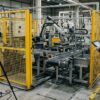 Industrial automation video shoot with a camera on a tripod filming an automated handling cell behind yellow safety fencing