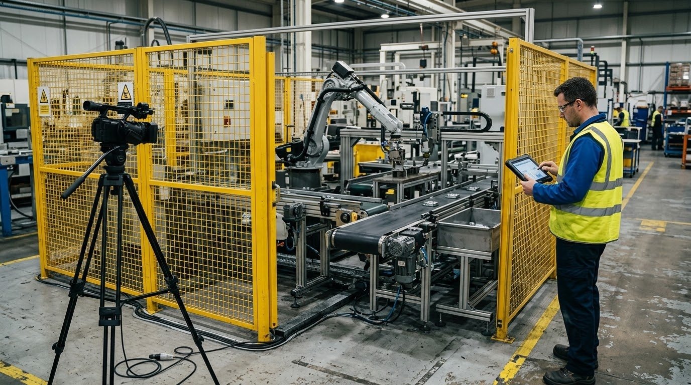 Industrial automation video shoot with a camera on a tripod filming an automated handling cell behind yellow safety fencing