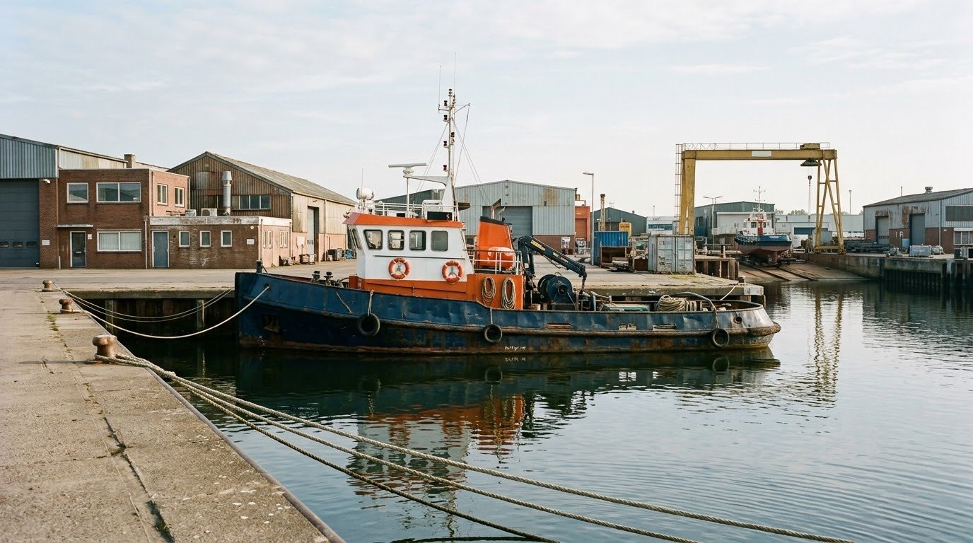 Marine Video Production: A Practical Planning Guide 1 Commercial workboat moored beside a shipyard quay at daylight