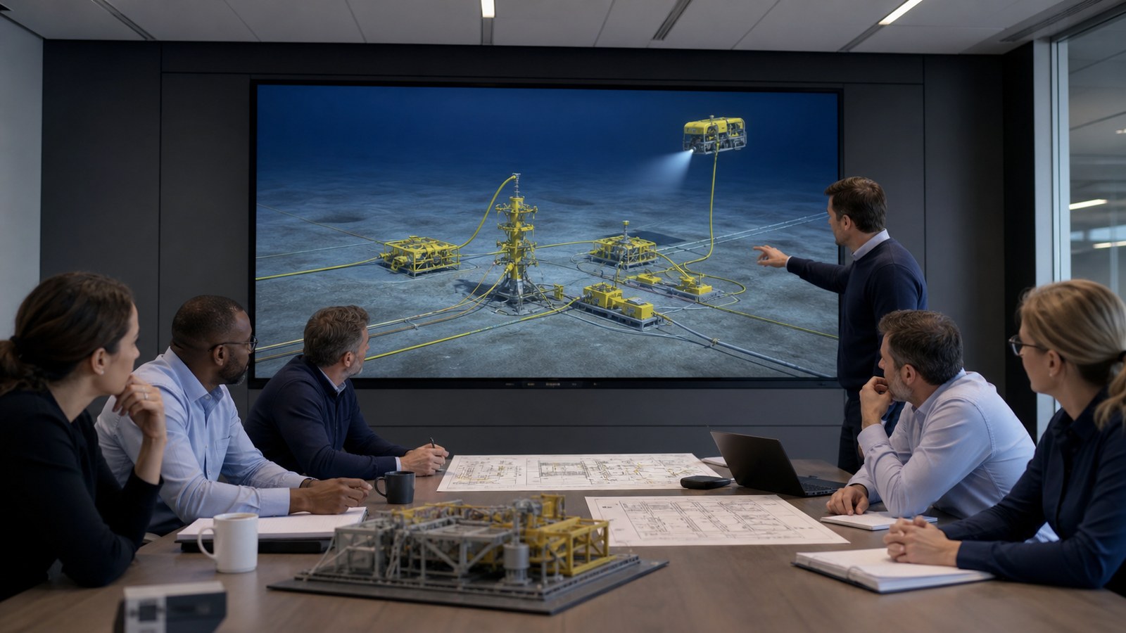 Subsea engineers operators and trainers reviewing a 3D equipment animation against approved technical documents