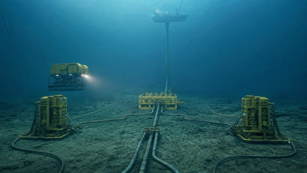 Subsea equipment animation showing trees manifold flowlines umbilical riser offshore host and work class ROV