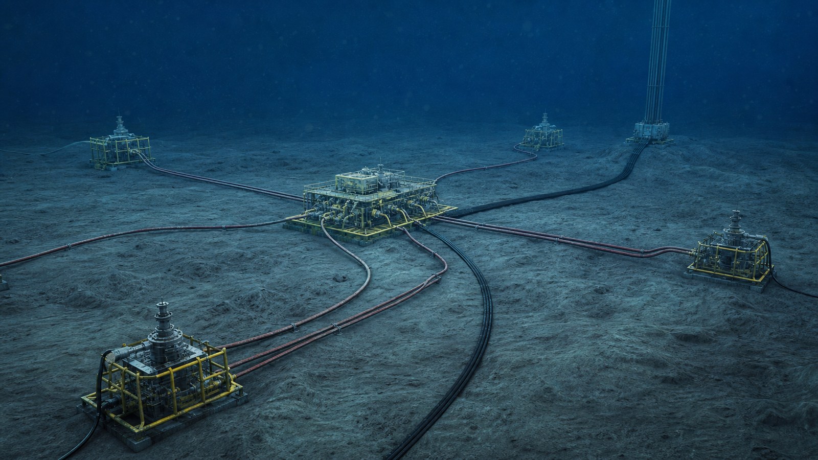 Subsea production system animation showing trees manifold jumpers flowlines umbilical riser and offshore host