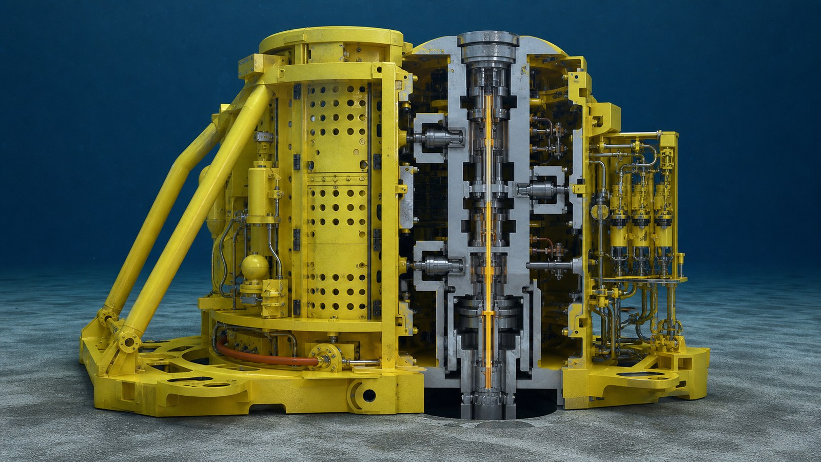 Realistic 3D subsea tree cutaway showing valves connector interfaces and an approved production flow path