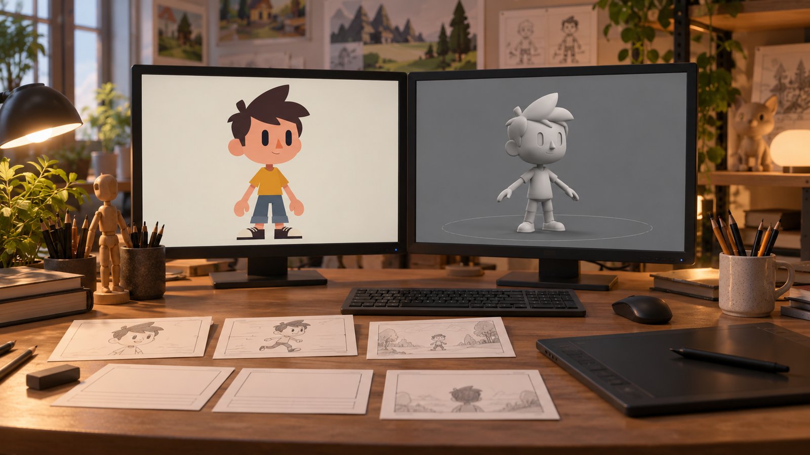 How 2D and 3D Animation Is Made: Production Stages 1 Fictional animation desk displaying flat artwork and a clay 3D character
