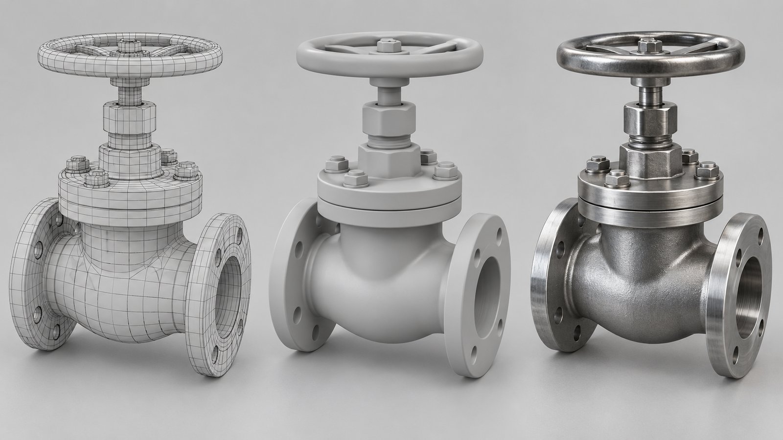 Fictional valve shown as wireframe, clay geometry, and a finished render
