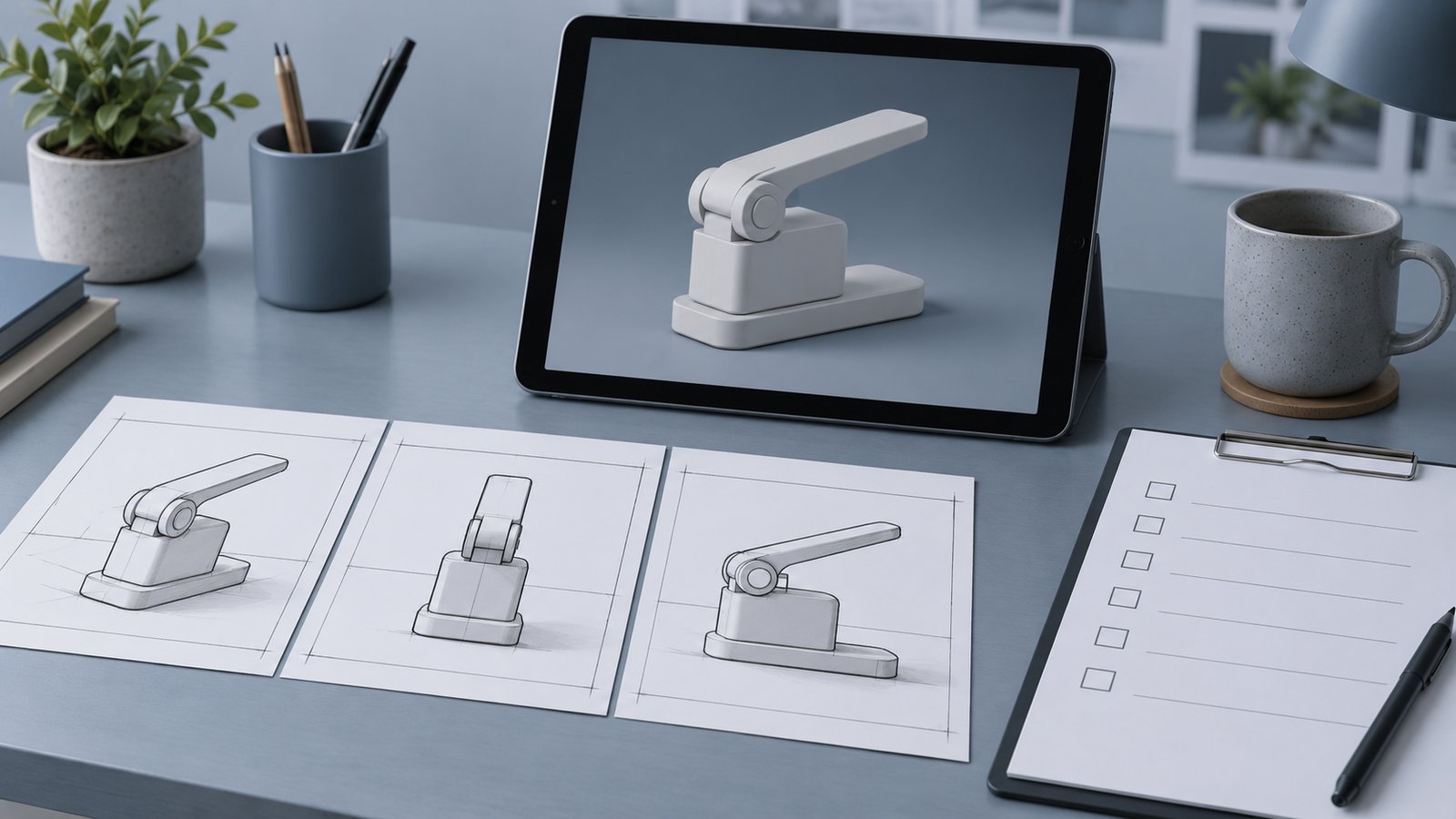 Fictional storyboard options beside a clay product model