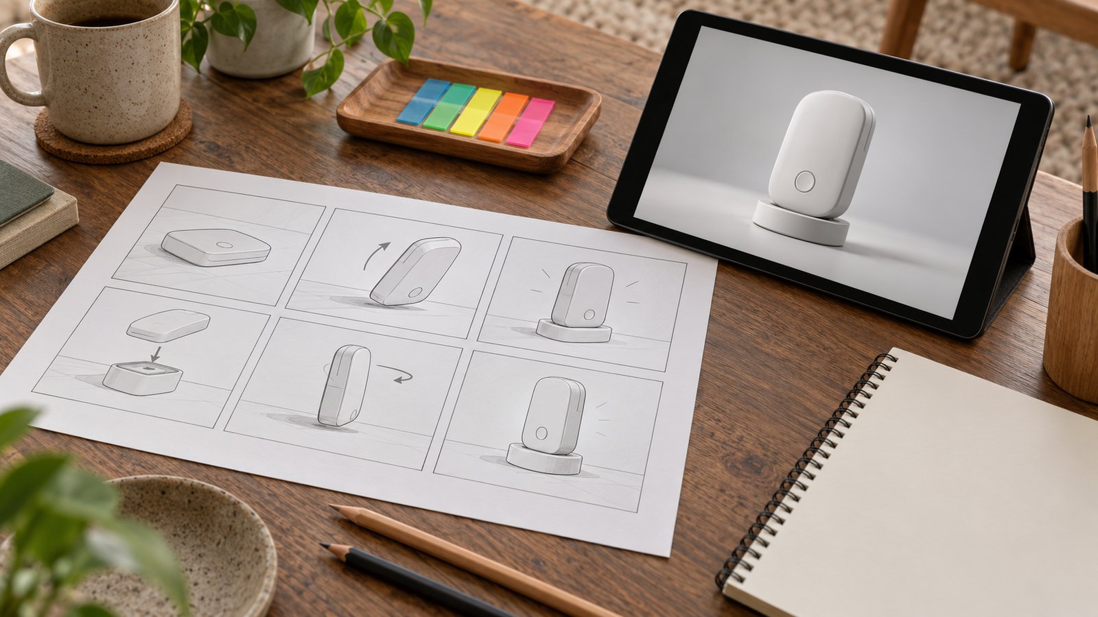 Fictional storyboard and tablet arranged for animation review