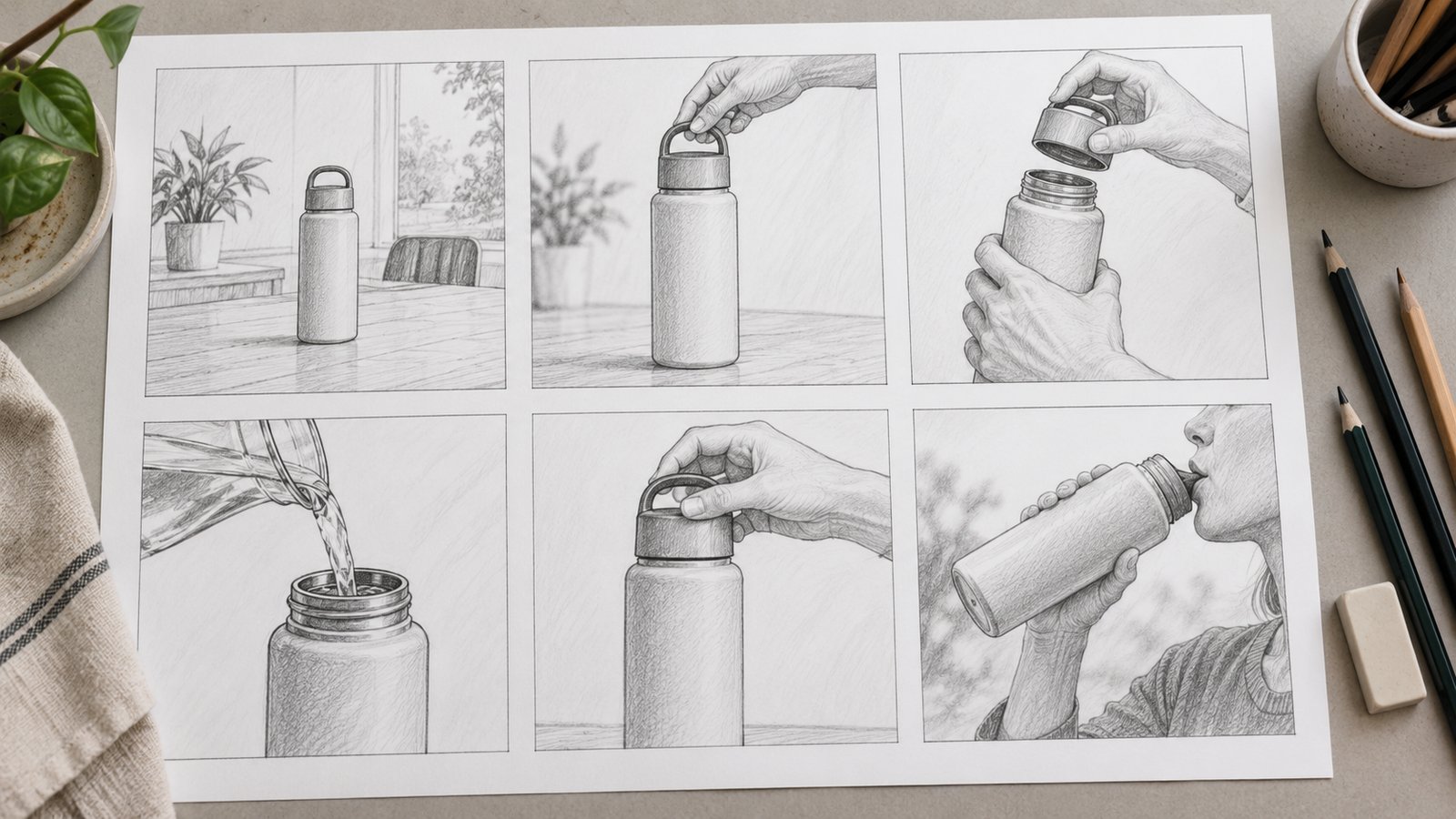 How 2D and 3D Animation Is Made: Production Stages 2 Fictional storyboard panels illustrating a product sequence