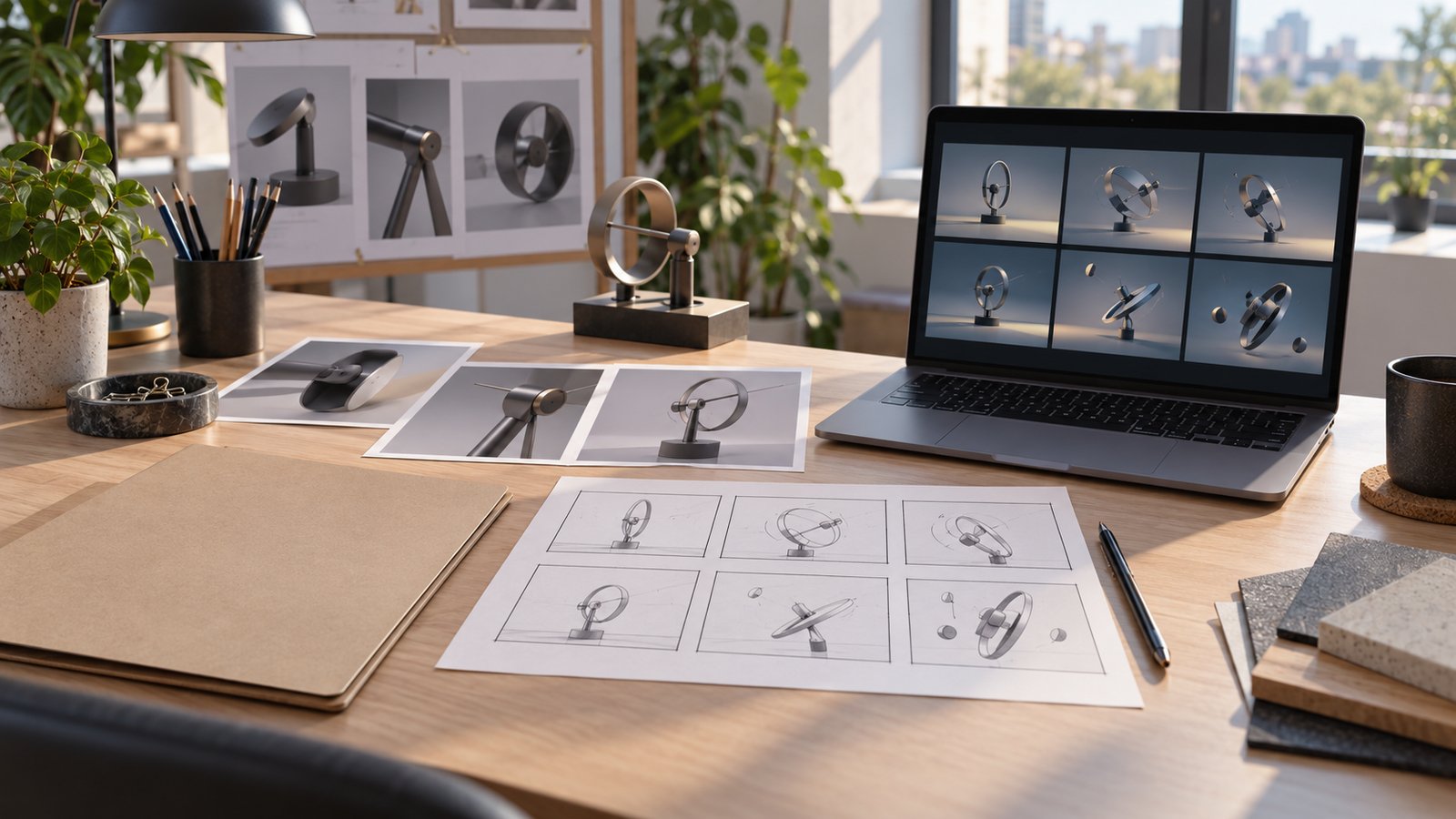 Fictional client preparation desk with references and storyboard panels