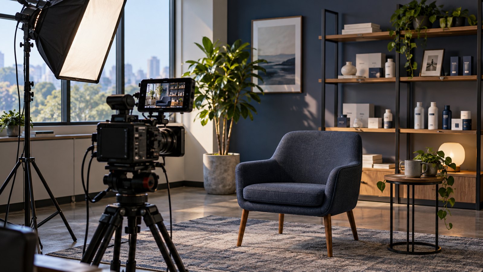 Camera and lighting prepared for a company profile interview in an office