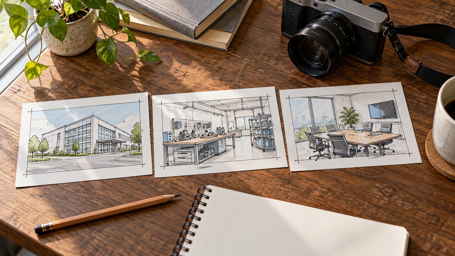 Storyboard cards and production notes arranged to plan a company profile video