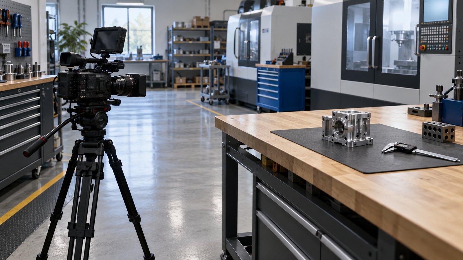 Camera positioned beside a workshop aisle to film a component inspection workbench