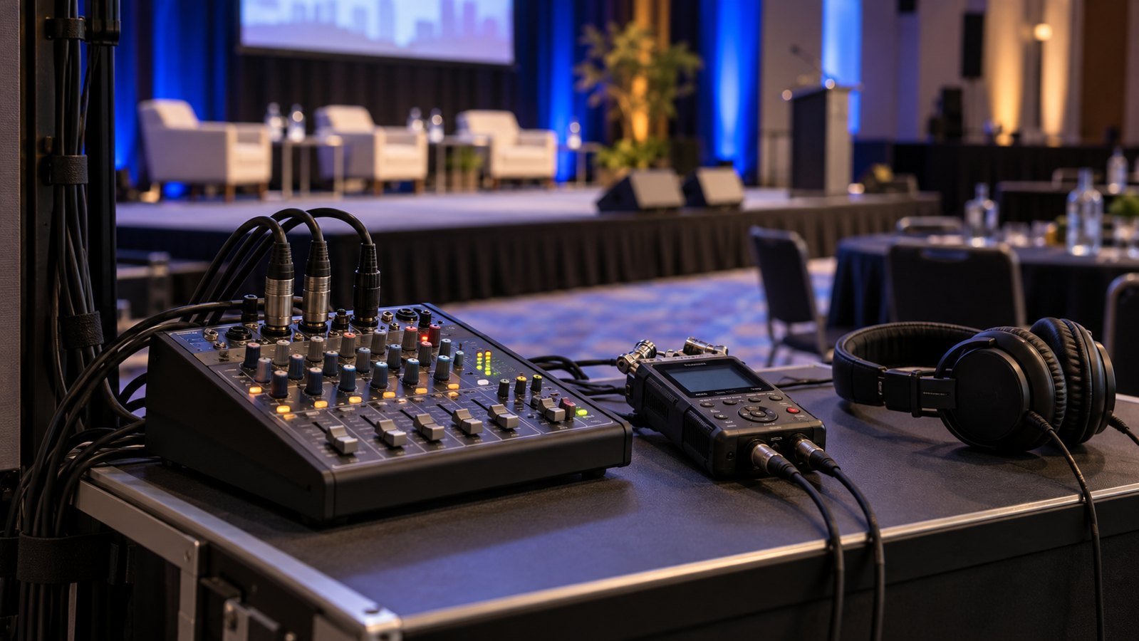 Audio mixer, portable recorder, and headphones prepared for a conference recording