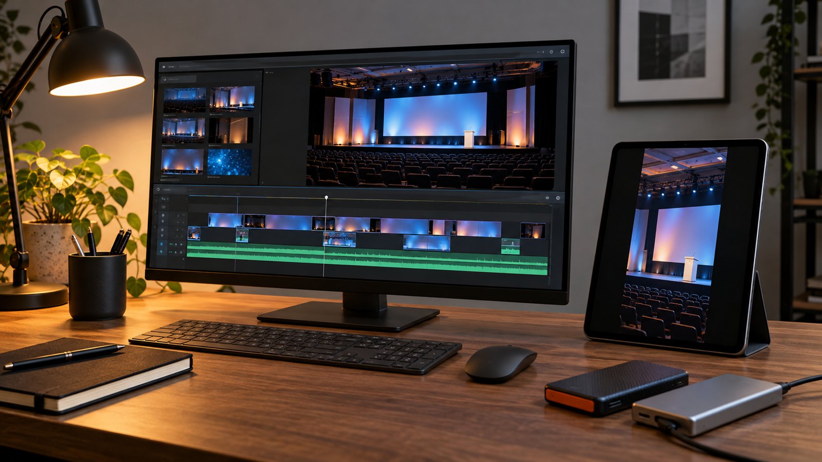Editing workstation with horizontal and vertical previews of a fictional conference stage