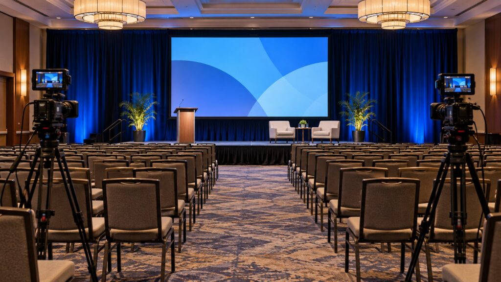 Corporate Event Video Production: A Planning Guide 5 Two cameras positioned to record a fictional corporate conference stage