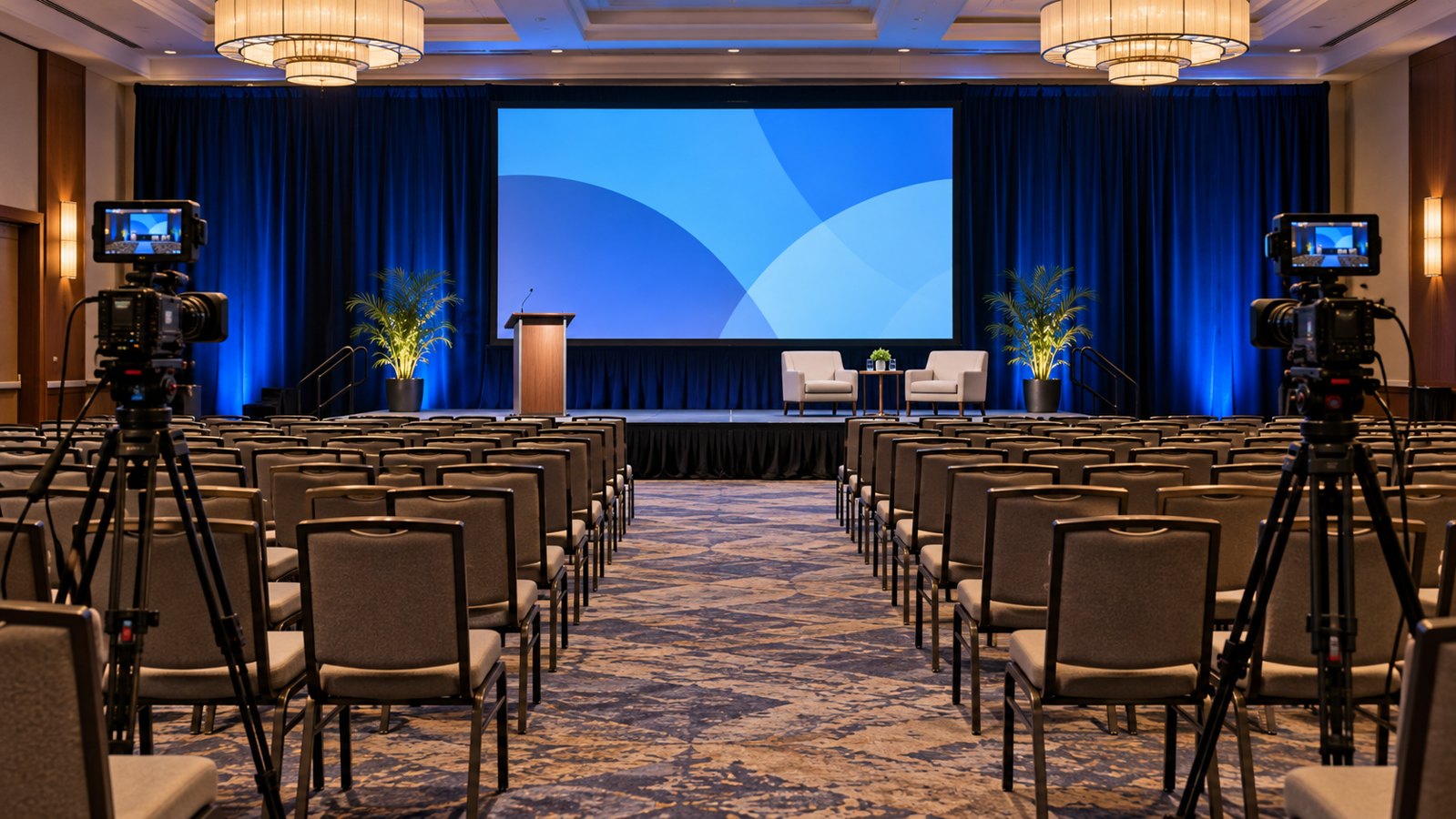Two cameras positioned to record a fictional corporate conference stage