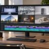 Editing monitor showing corporate footage selections and a showreel timeline