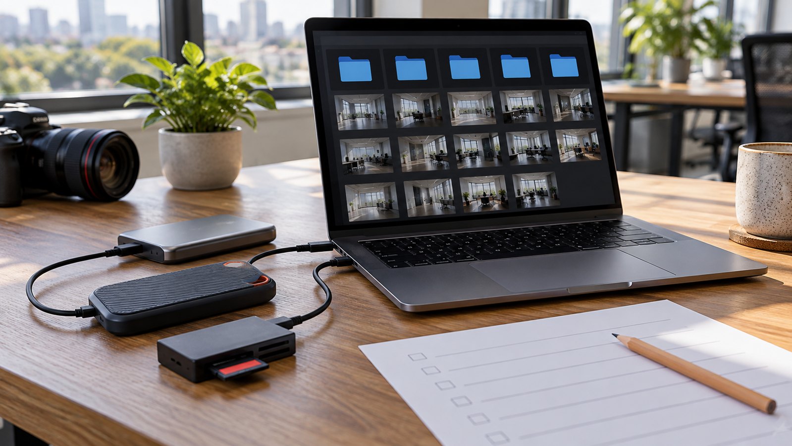 Storage drives and a laptop prepared for handing over corporate video source files