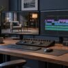 Two monitors and editing controls in a corporate post-production workspace
