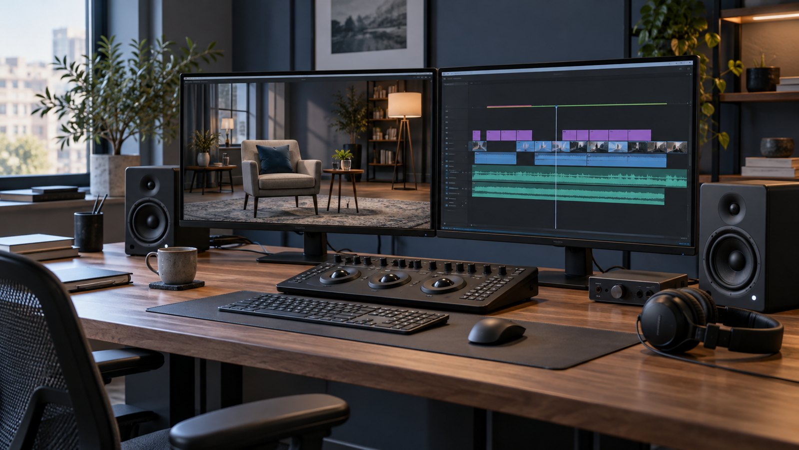 Two monitors and editing controls in a corporate post-production workspace