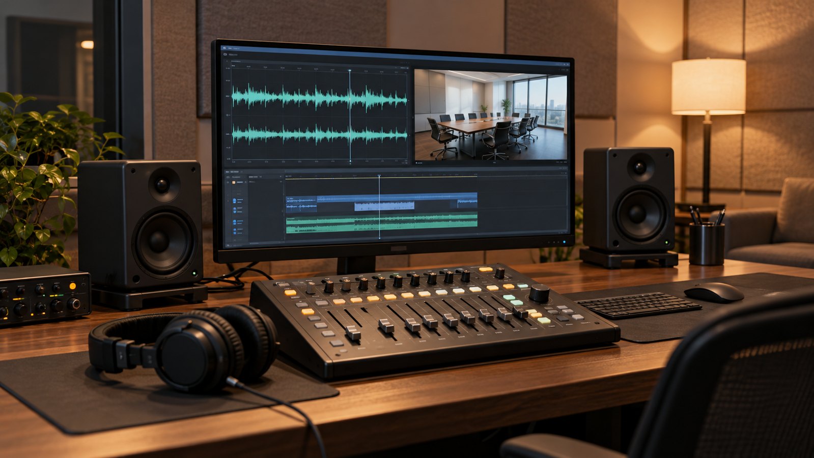 Audio controller, speakers, and headphones arranged for corporate video sound finishing