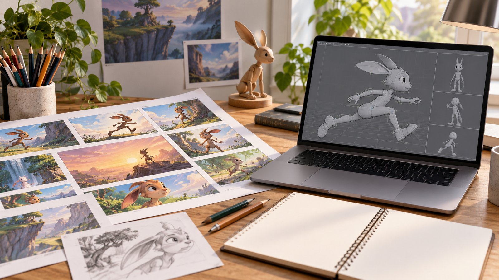 Fictional design desk with character storyboards and a 3D character model