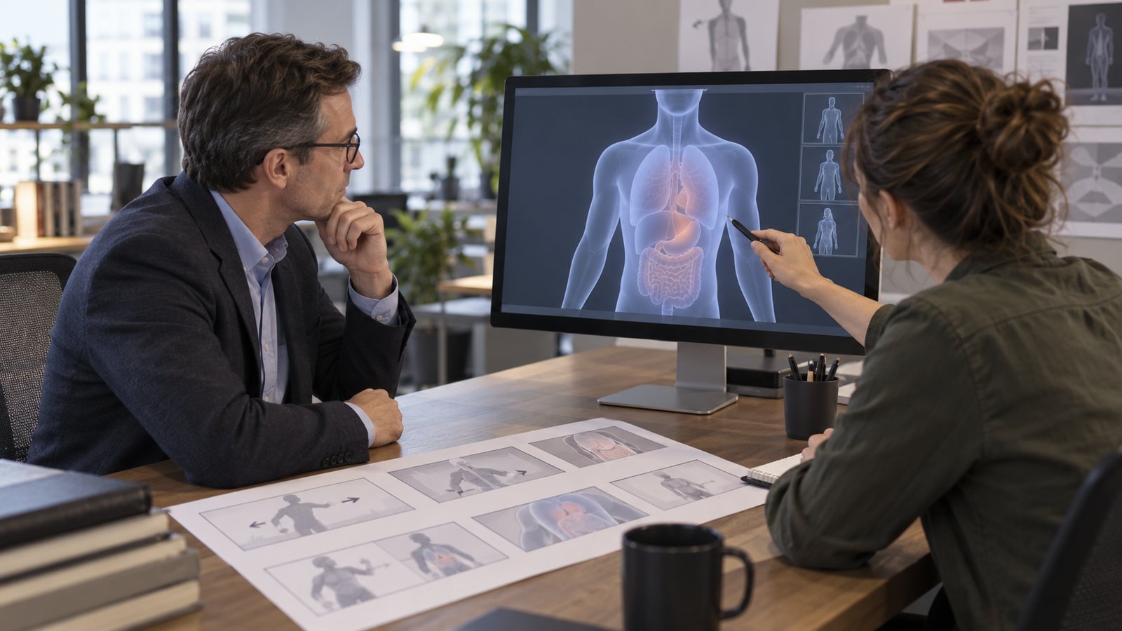 Illustration of a clinician and animator reviewing a medical animation concept