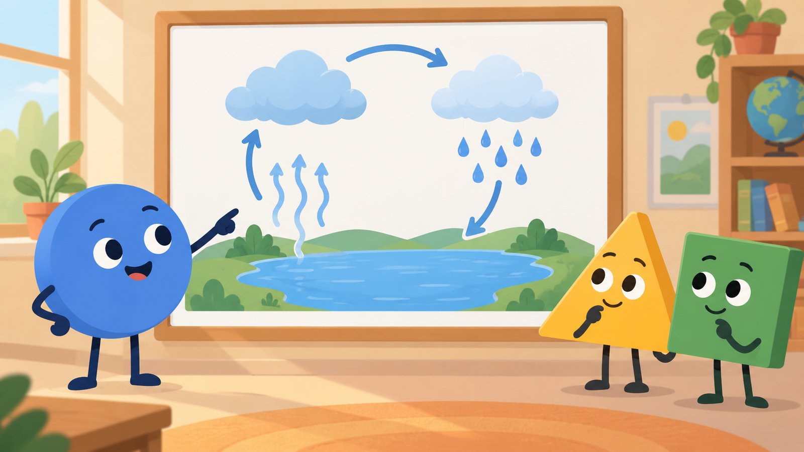 Fictional flat animation showing geometric characters and a water cycle diagram