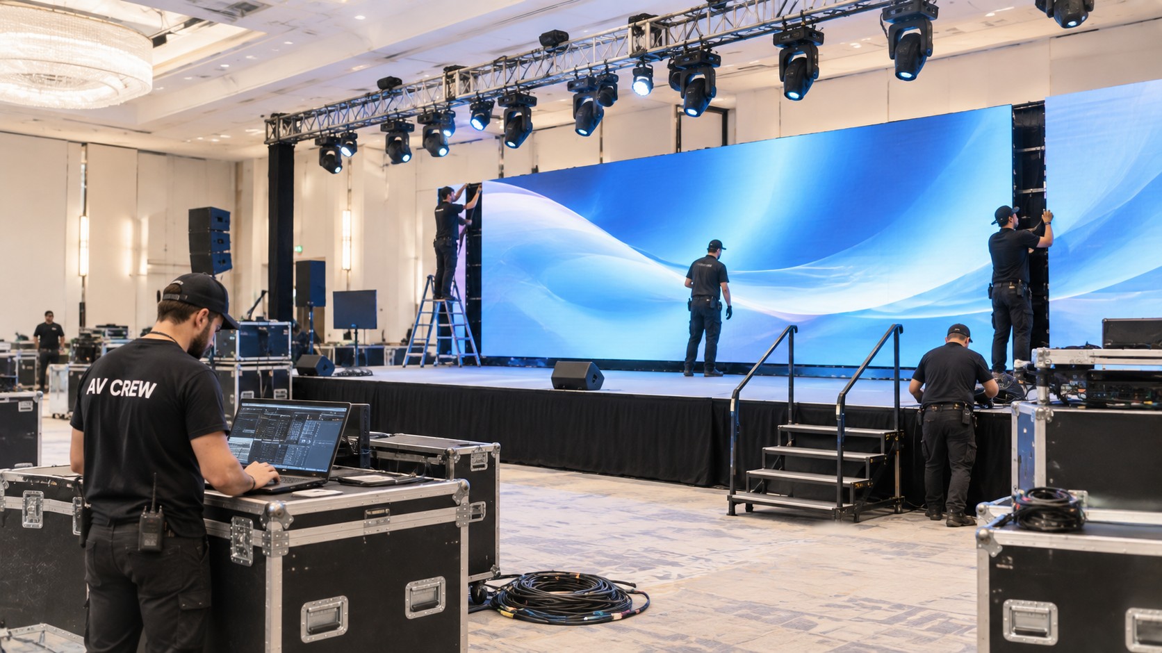 AV production crew building LED backwall staging for a corporate event