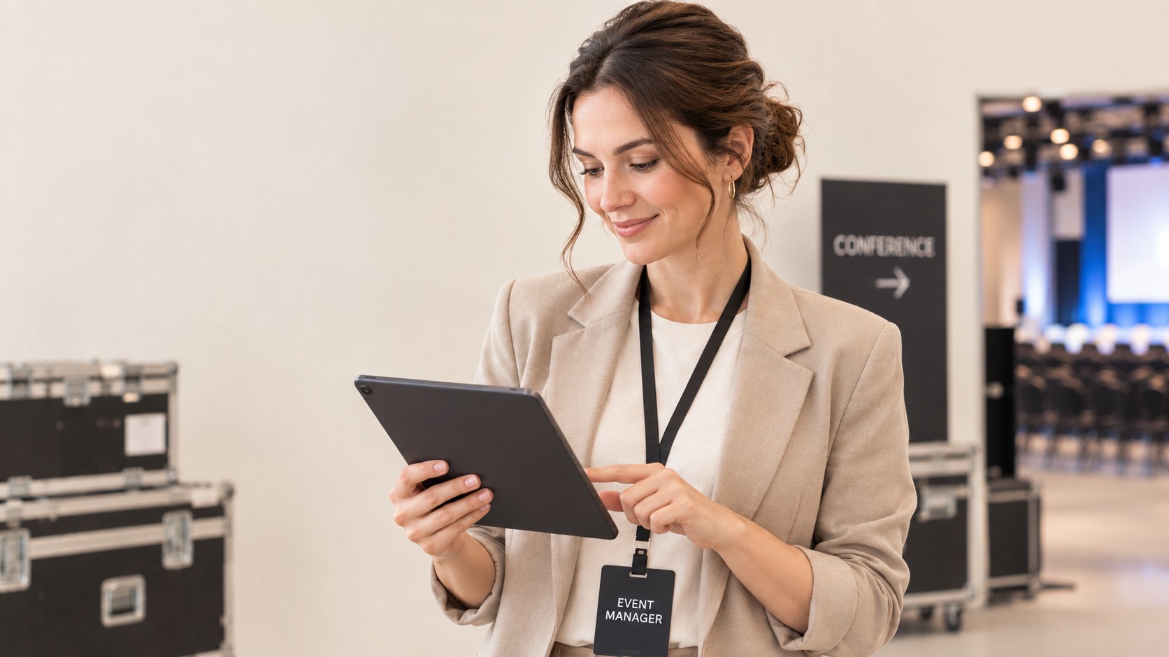 Event manager reviewing event logistics ahead of a corporate conference