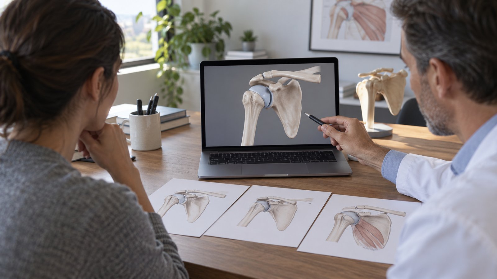 Illustration of reviewers comparing a 3D shoulder model and printed views
