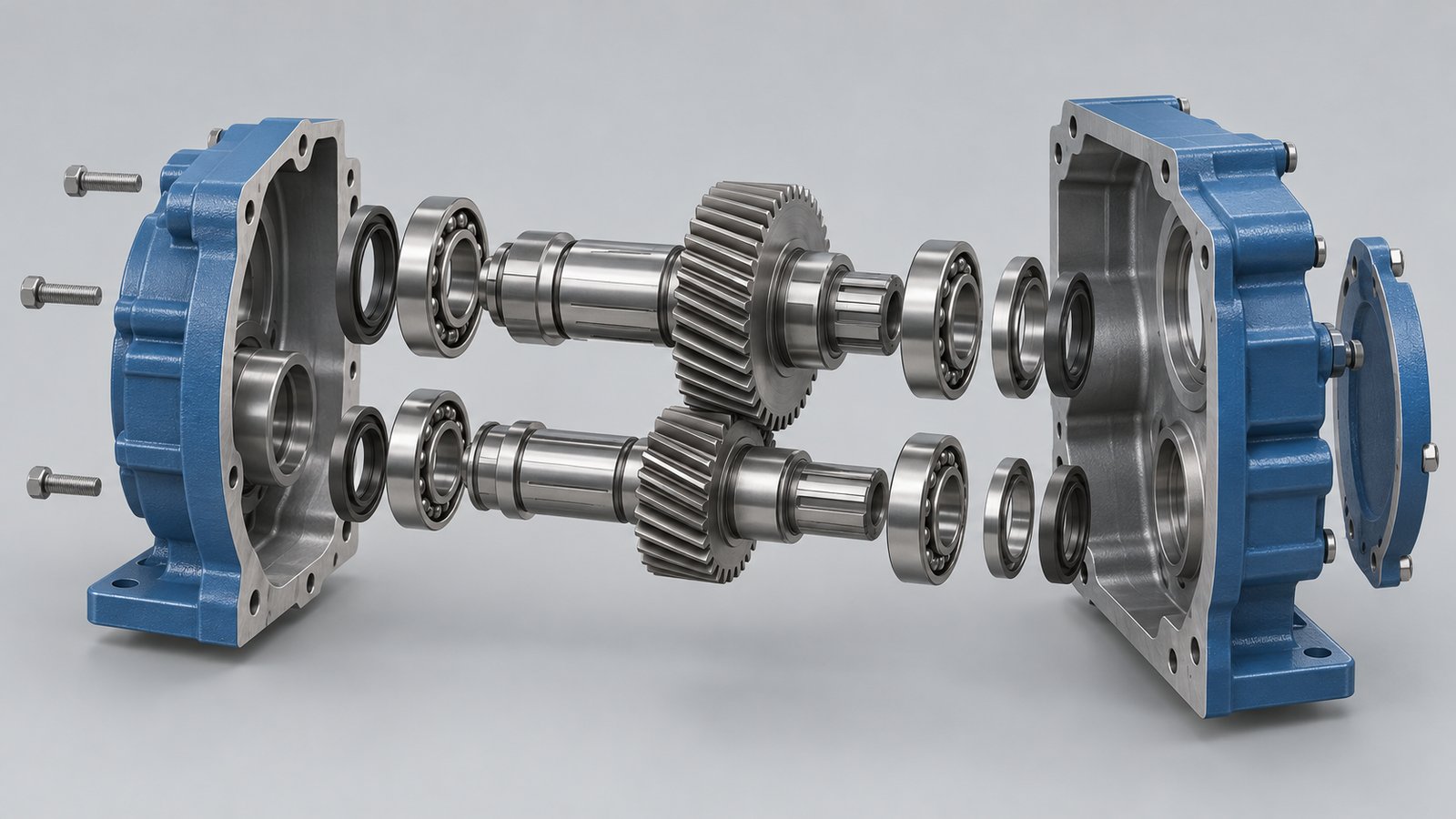Exploded view of a fictional gearbox with aligned components