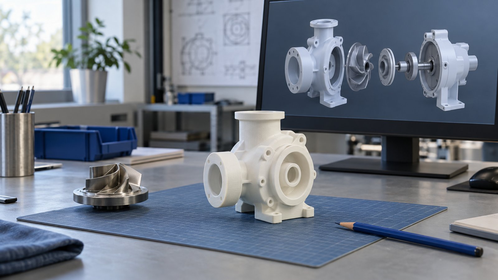 Fictional pump housing concept beside a digital assembly view